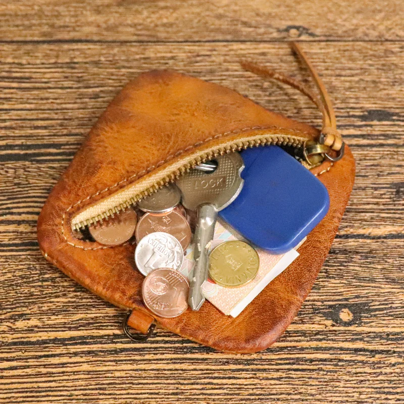 Mini Genuine Leather Coin Purse, Vintage Zipper Key Wallet Simple Coin Storage Bag