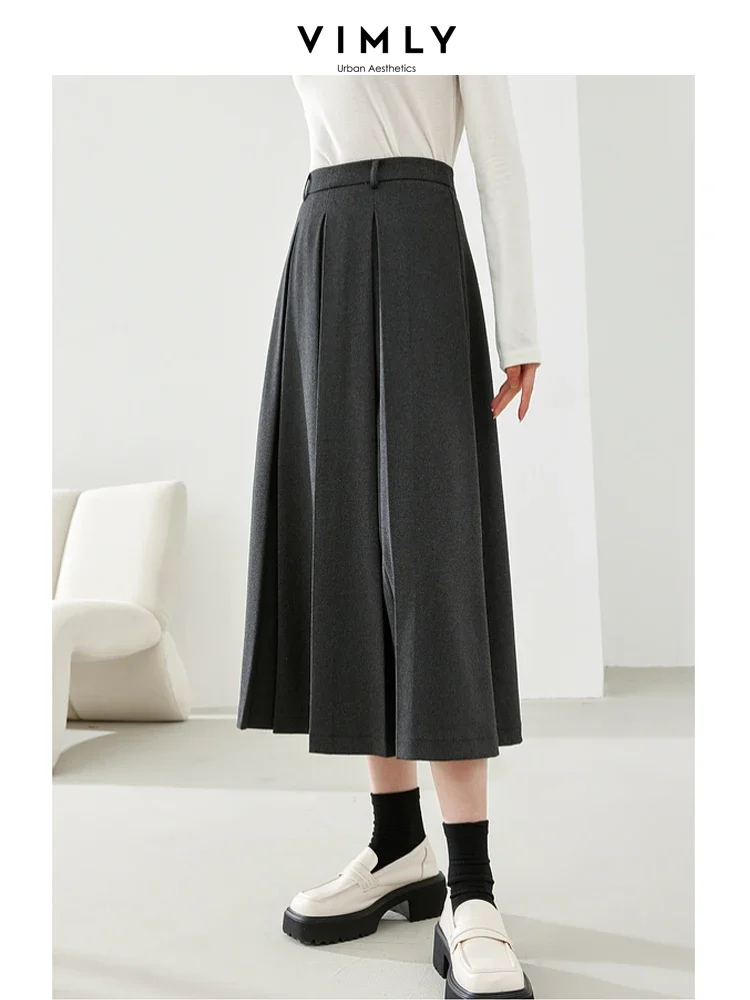 Vimly Quilted Thick Pleated Skirt for Woman 2023 Winter Grey A-line Midi Skirts Solid Office Lady Elegant Female Clothing M5628