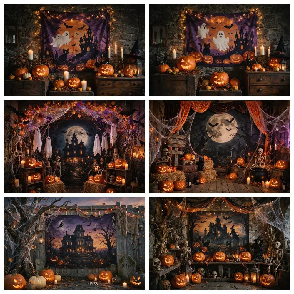 Halloween Photography Backdrops Stone Wall Ghost Skeleton Pumpkin Bat Spider Web Kids Birthday Family Party Photozone Background