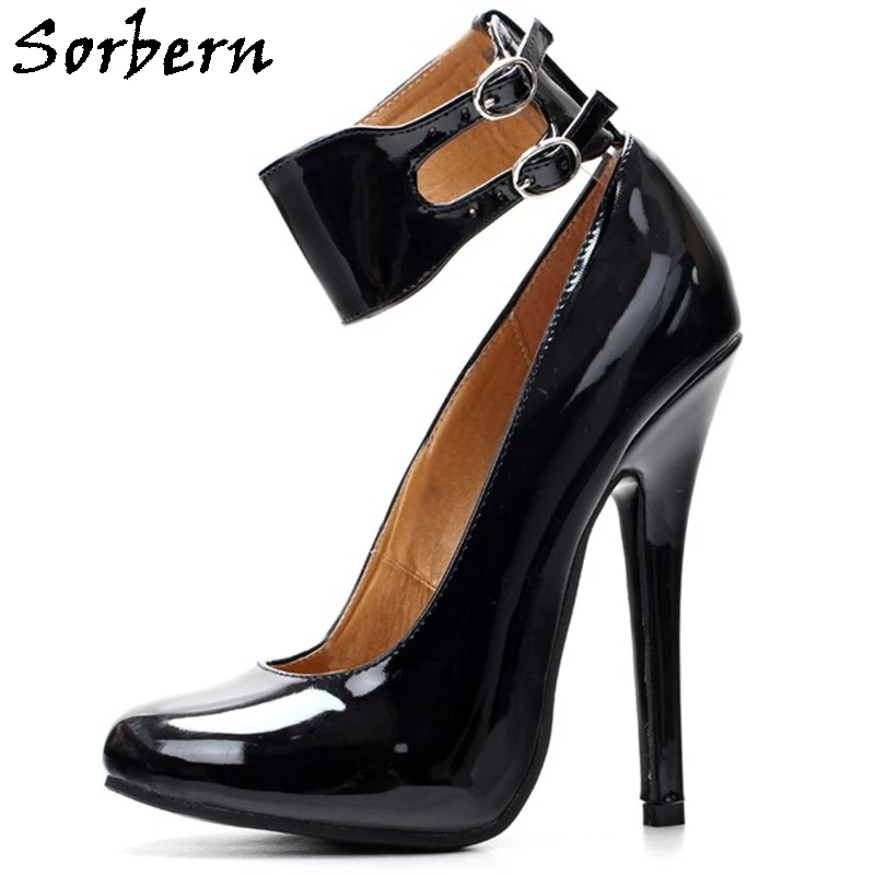 Sorbern Vintage Round Toe Women Pump Shoes Wide Ankle Straps Stilettos Unisex Fetish Shoes Sissy Boy Party Heeled Custom