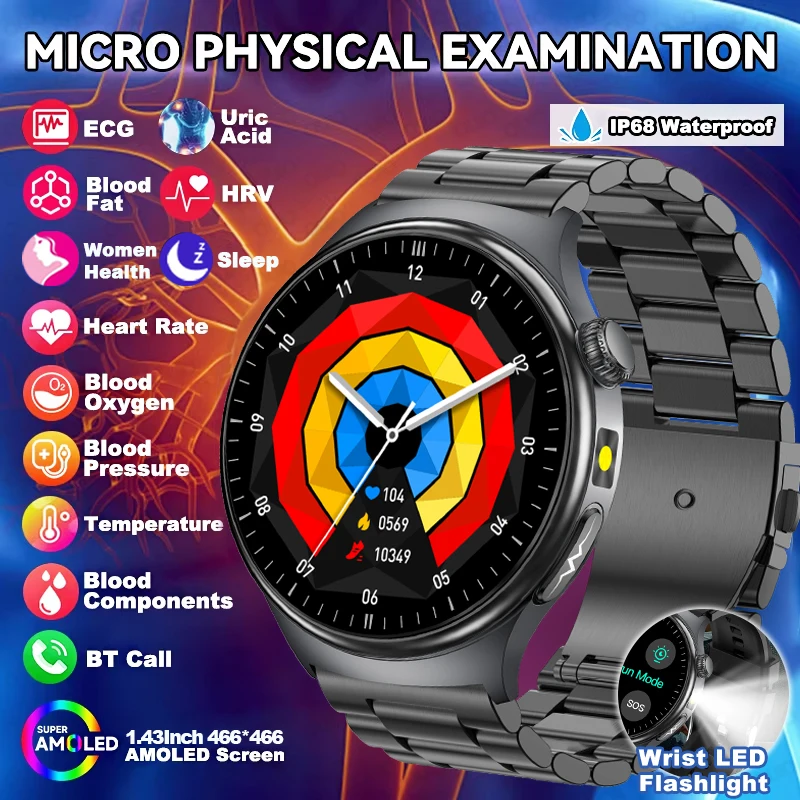 

2025 ECG Smart Watch AMOLED Health Monitoring Flashlight Blood Oxygen Uric Acid Blood Components BT Call Sports TK27 Smart Watch