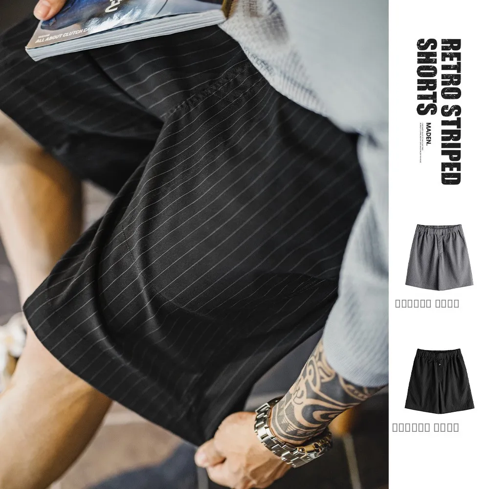 

Мужские летние повседневные брюки Maden Ey Stripe Workwear с эластичным поясом, прямым кроем, длиной до колена