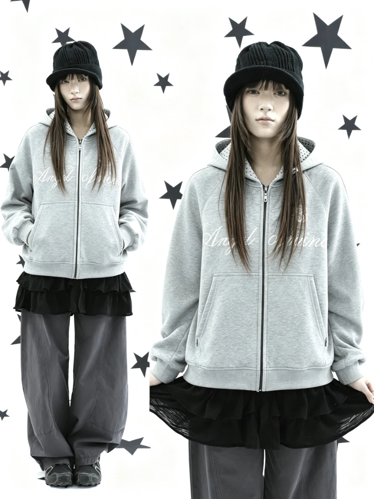 Y2k American Retro Street Women Jacket Japanese Alt Aesthetic Hooded Cardigan Autumn Casual Vintage Sweatshirt Daily Outwear
