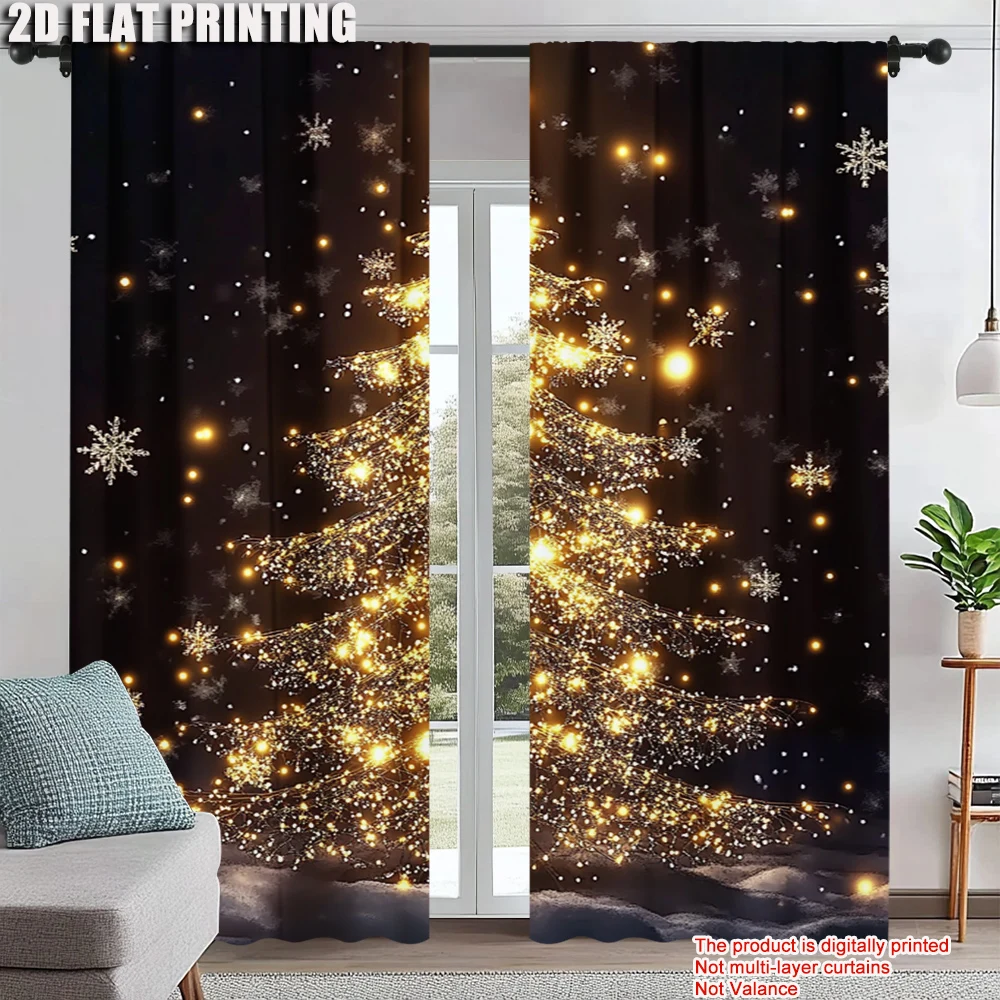 

2Pcs Golden Christmas Tree Print Curtains Rod Hole Design For Easy Hanging Perfect For Living Room Bedroom Office Polyester Home