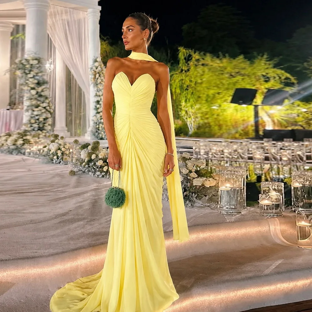 Customized Yellow Chiffon Prom Dresses with Scarf Sweetheart A-Line Evening Gowns Pleated Ruched Formal Party Dress vestido de
