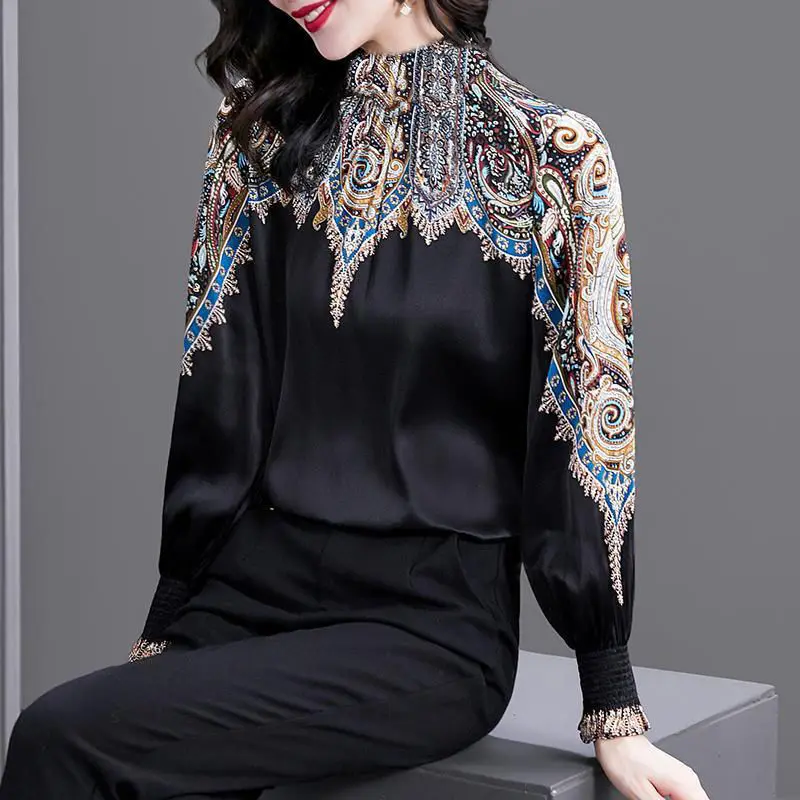 Chinese Style Pattern Printing Imitation Silk Black Patchwork Ladies T-Shirts Embroidery Luxury Lantern Sleeve Turtleneck 4XL