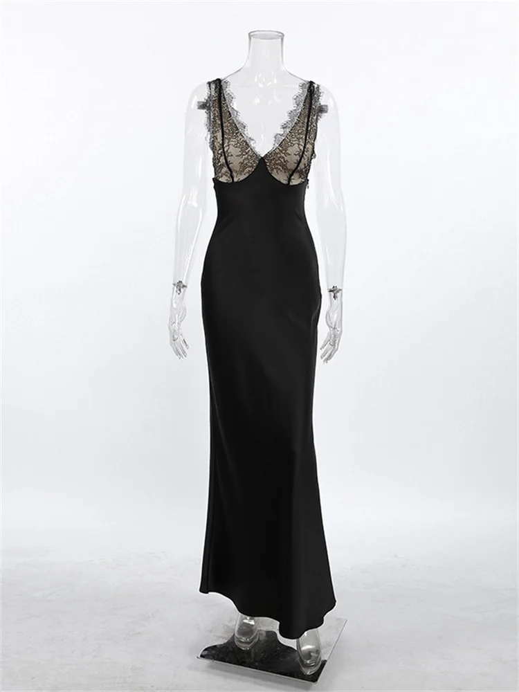 Lace V-Neck Printed Maxi Dress - Backless High-Waist Patchwork