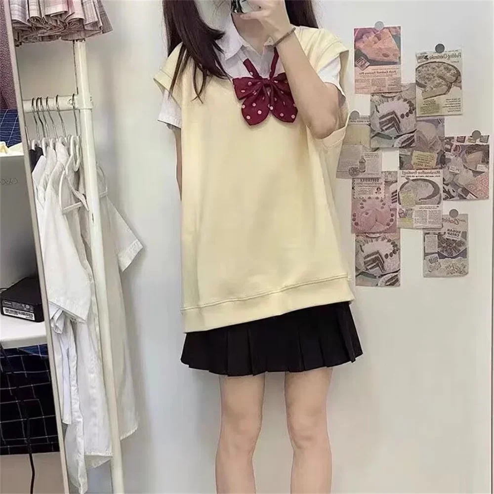 

Autumn Winter Women's Yellow Embroidery Korean Fashion Sleeveless Sweater Cotton Basic Tops2025 Japanese Uniform V-Neck Vest