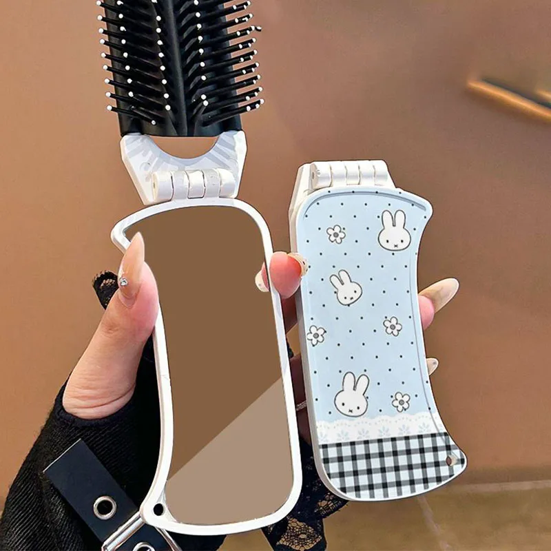 Cute Miffy Foldable Hair Brush with Mirror Portable Mini Travel Cosmetic Mirror Cartoon Hair Comb Makeup Gifts Mirror Anime Gift