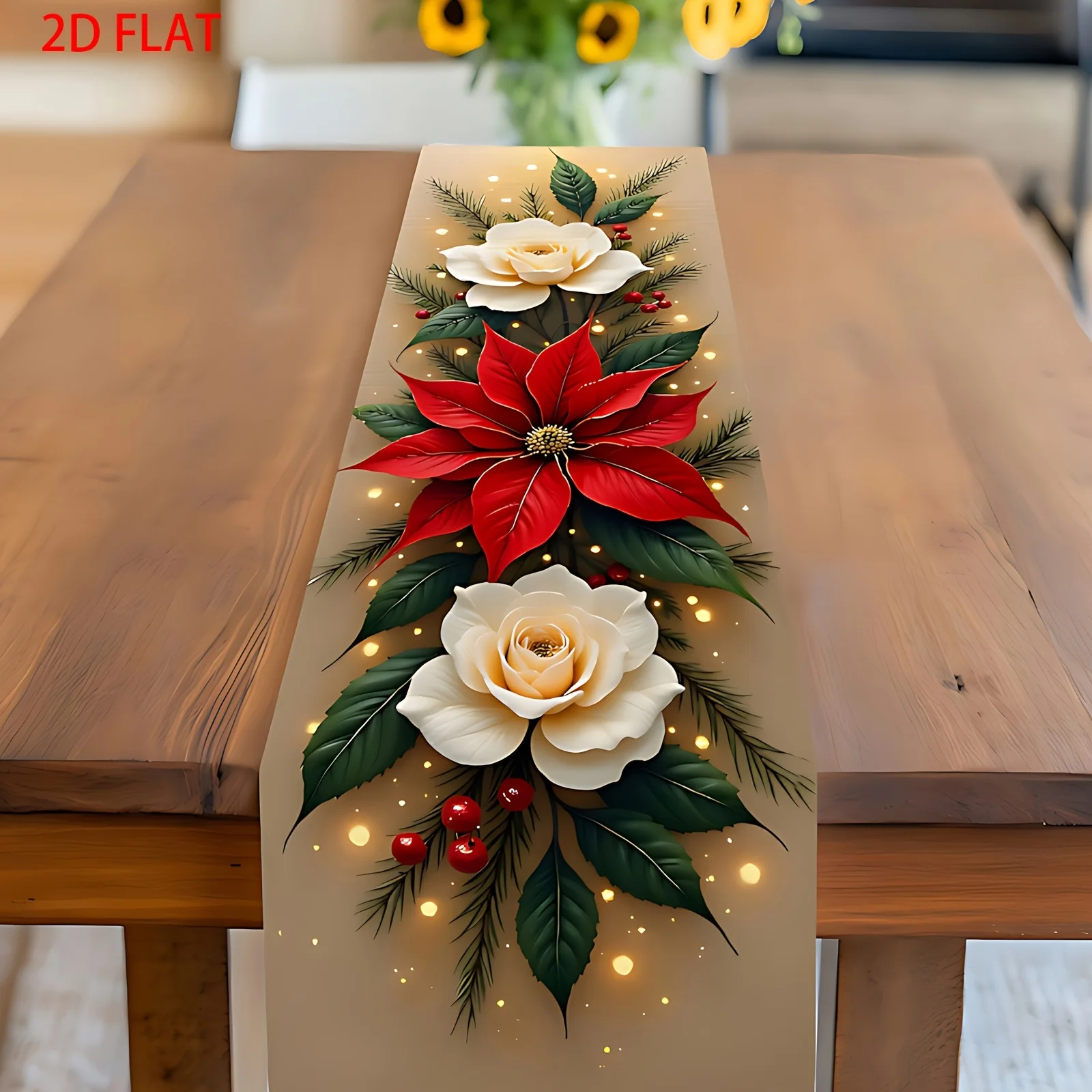 VIKAMA Christmas Table Runner Red Poinsettia White Magnolia Green Leaf Berry Dining Table Decor Happy New Year 2027