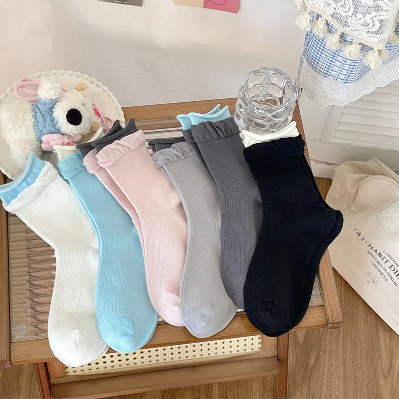 

2 Pairs/multiple Pleated Mid Length Socks for Women Breathable Solid Color Socks Comfortable and Sweat Absorbing Women's Socks