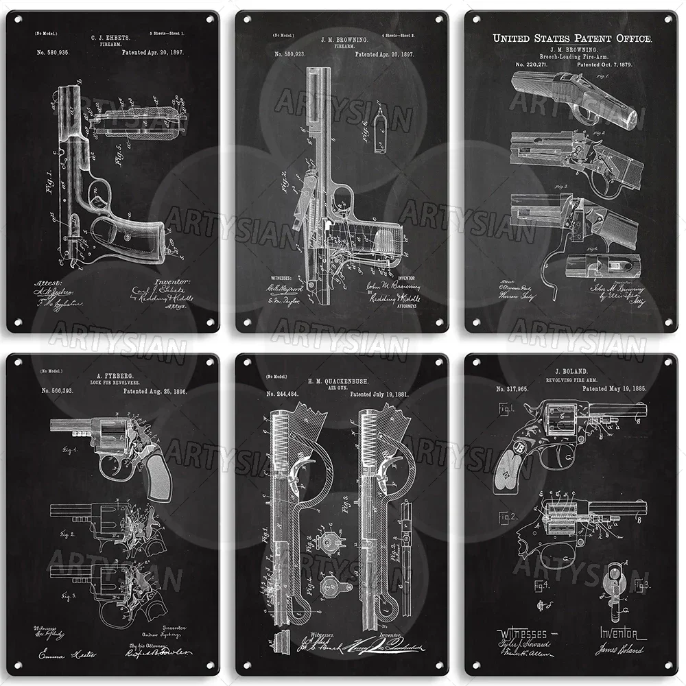 Gun Patent Metal Sign Breech-Loading Firearm Quackenbush Air Gun Mason Revolver Burkhard Novotny Boland Gatling Foehl Fyreberg