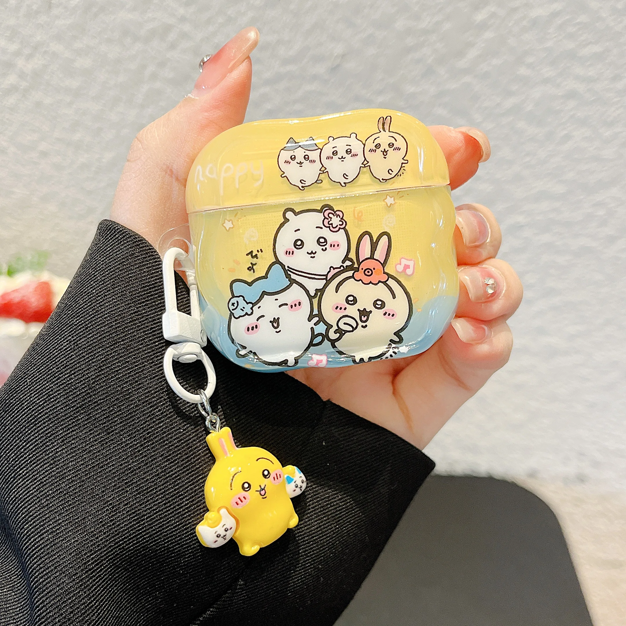 موجة حافة نمط Chiikawa & Hachiware & Usagi Muster مع قلادة سماعة الرأس ل Airpods 2 1 4 3 Pro 2 غطاء مقاوم للخدش