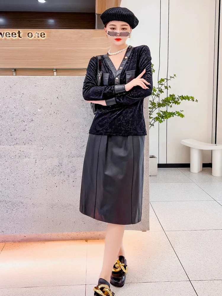 Mode Frauen Herbst Schwarz Neue Stil Samt Hemd Langarm V-ausschnitt Einreiher Arbeit Dame Casual Chic Weiche Tops Heißer Verkauf