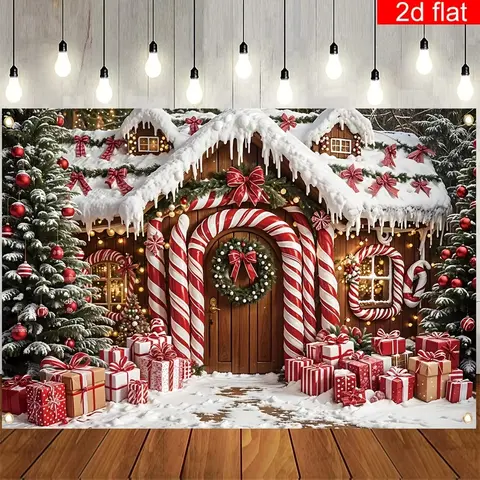 Christmas cottage with candy canes background banner, suitable for New Year's photography, birthday party background decoration