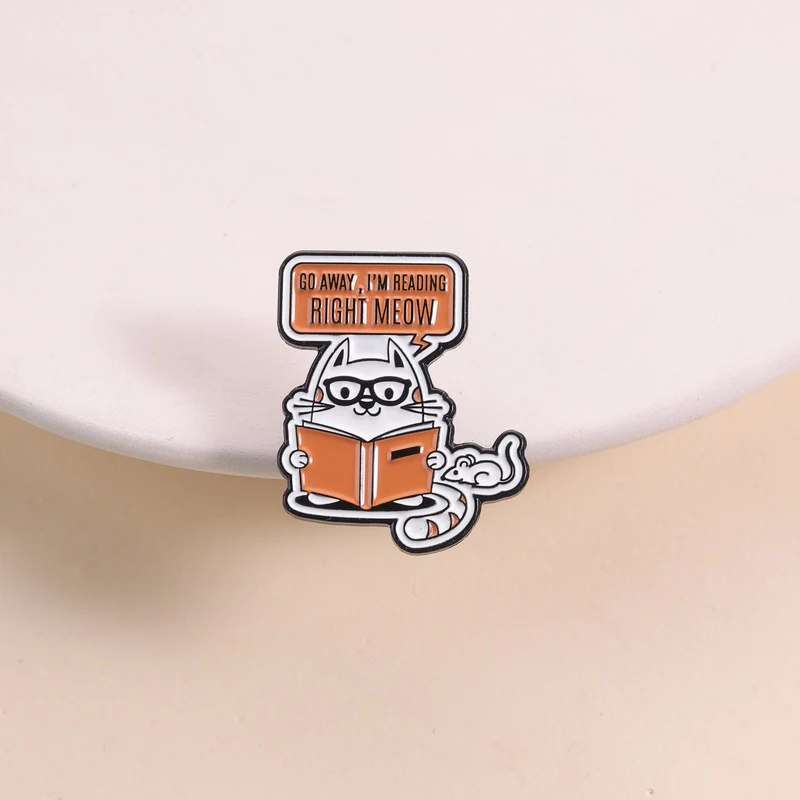 Go Away I'm Reading Right Meow Cat Pin Bookish Glasses Cat with Book Funny Pun for Cat Lovers Bookworms Daily Wear