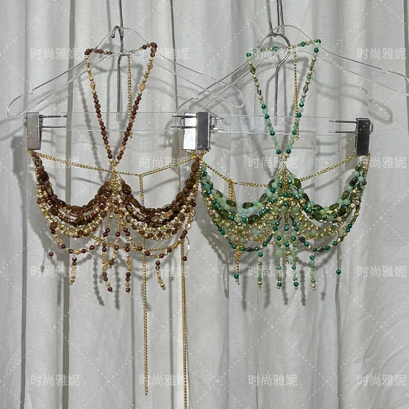 

Corset Body Chain Hottie Tassel Bra Backless Hanging Neck Stone Beaded Bustier Sensational Women Handmade