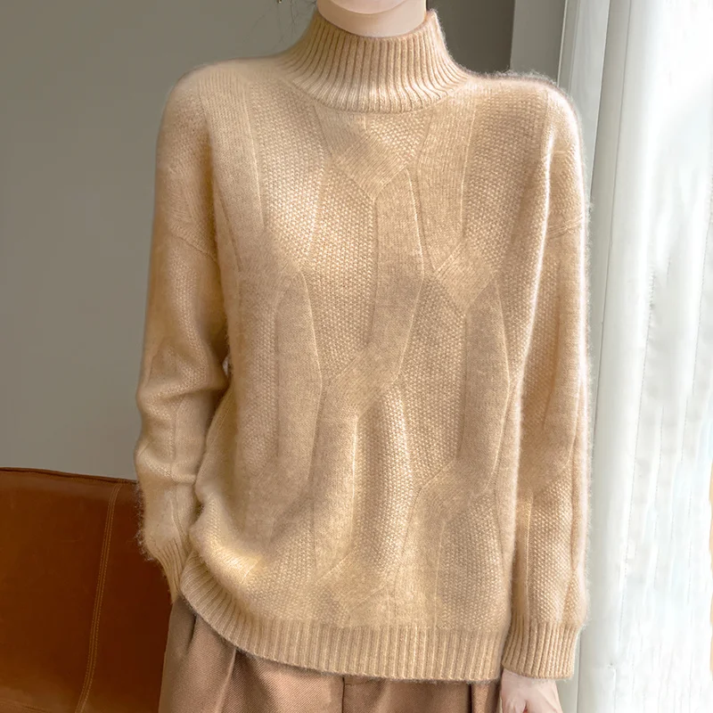 Autumn Winter New Woolen Sweater Pullover Women's Solid Color Knitted Sweater Semi High Neck Loose Long Sleeved Knitted Base Top