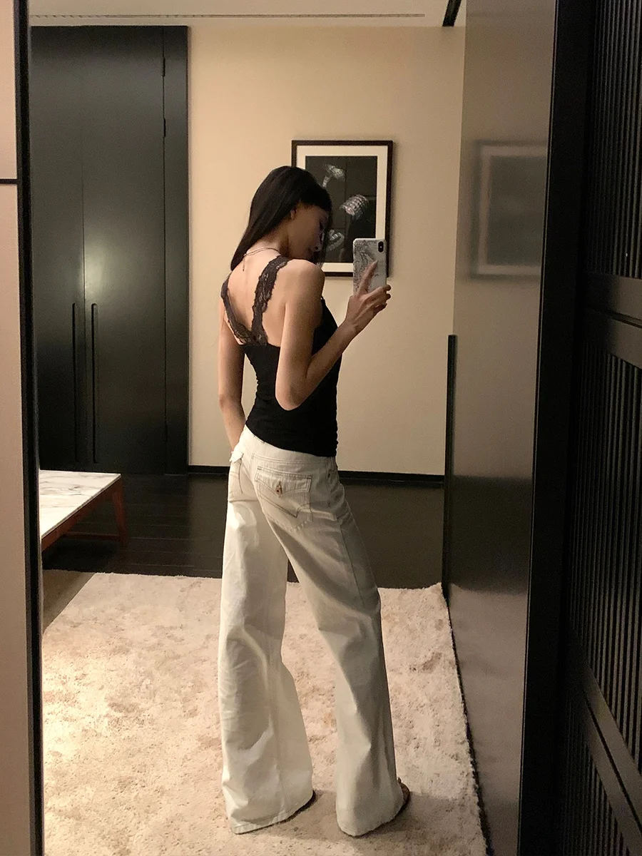 

Широкие джинсовые брюки из хлопка для женщин, осенние, из чистого хлопка, с уникальным дизайном, неровной талией, длинные, с низкой посадкой, на молнии