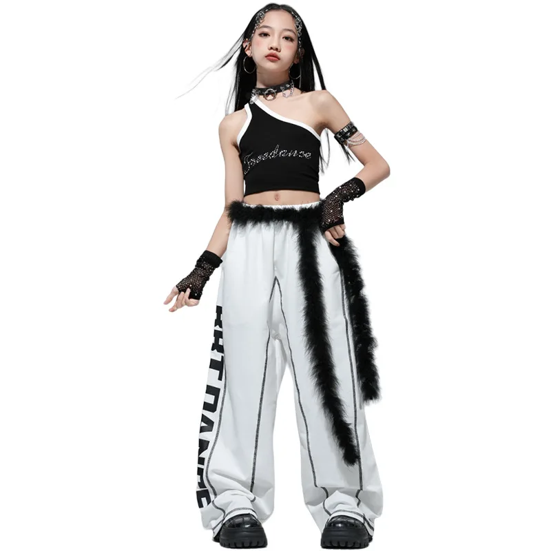 子供ストリートダンスジャズパフォーマンス衣装女の子ヒップホップ服ファッションキャットウォークステージ光沢のあるノースリーブクロップトップロングパンツスーツ