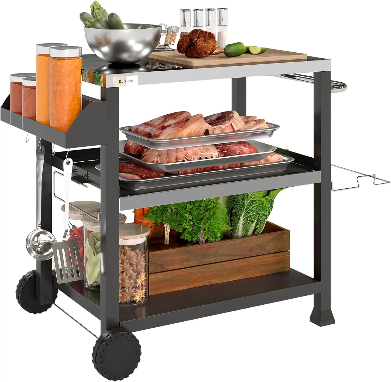 Three-Tier Outdoor Grill Cart with Stainless Steel Tabletop, 32