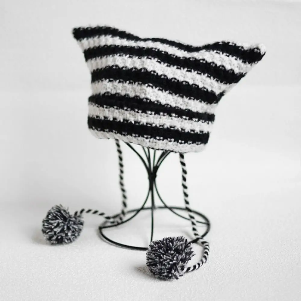 Y2K Cute Devil Knitted Beanie Hat Ins Skullies Striped Knitting Wool Cap Autumn Winter Cat Ears Pointed Pullover Women Hats NEW