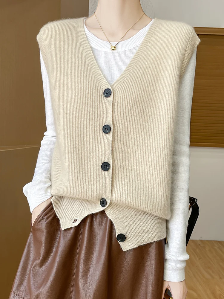 New Chic Women Wool Waistcoat Autumn Winter V-neck Sleeveless Cardigan Cashmere Sweater 100% Merino Wool Knitwear Korean Style