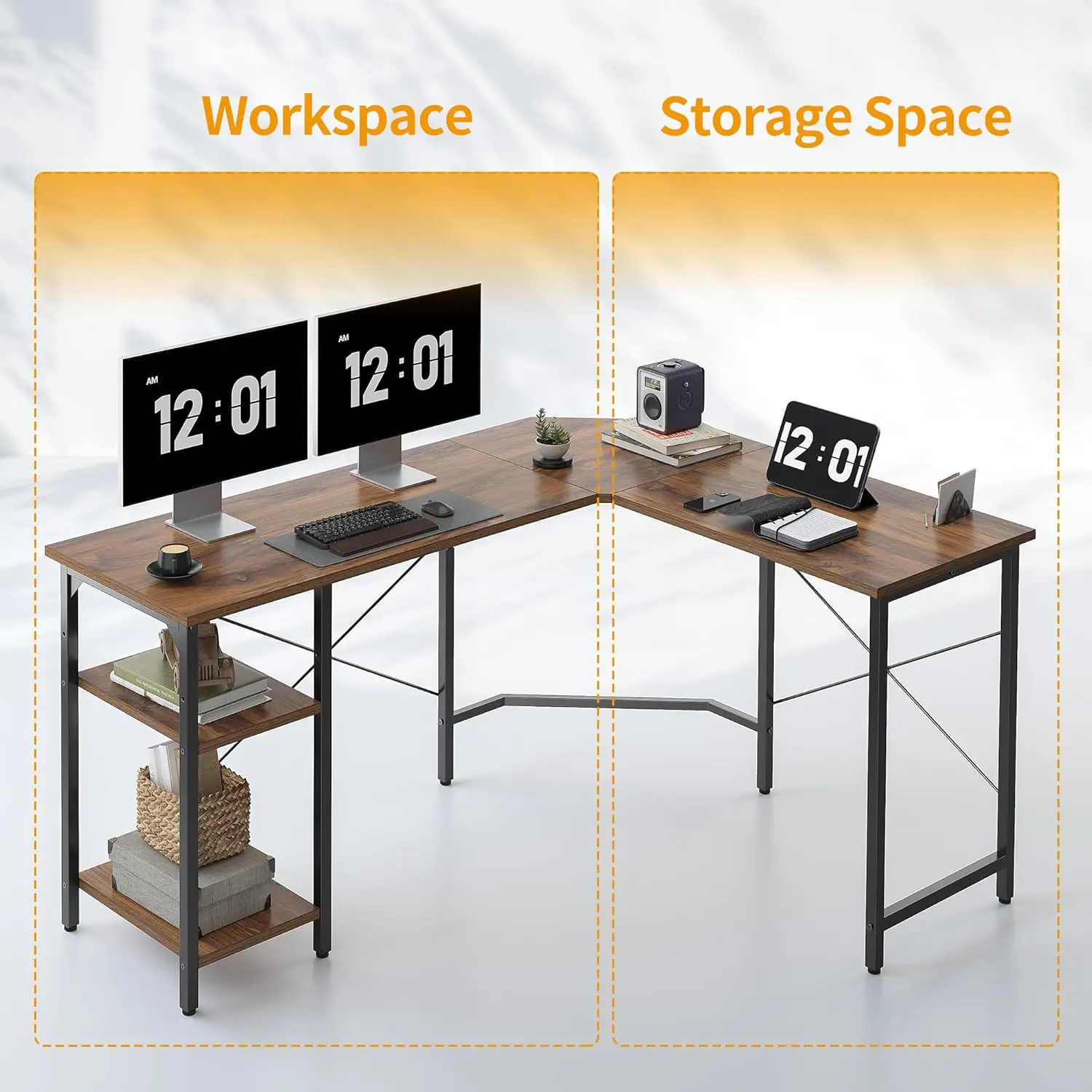 59,1 Zoll reversibler Eck schreibtisch mit Ablage fächern, Home-Office-Schreibtisch zum Schreiben von Spiels tudien, rustikal braun