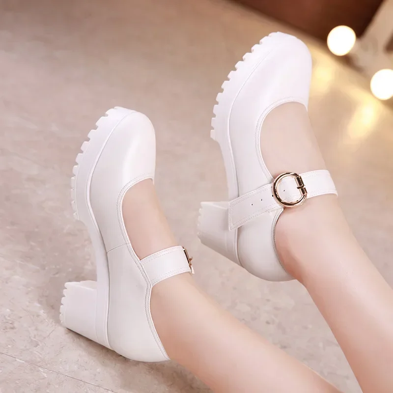 Small Size 32-43 Shallow Soft Leather Mary Janes Women\'s Platform Pumps 2024 Block High Heels Shoes Office Model Wedding Mom