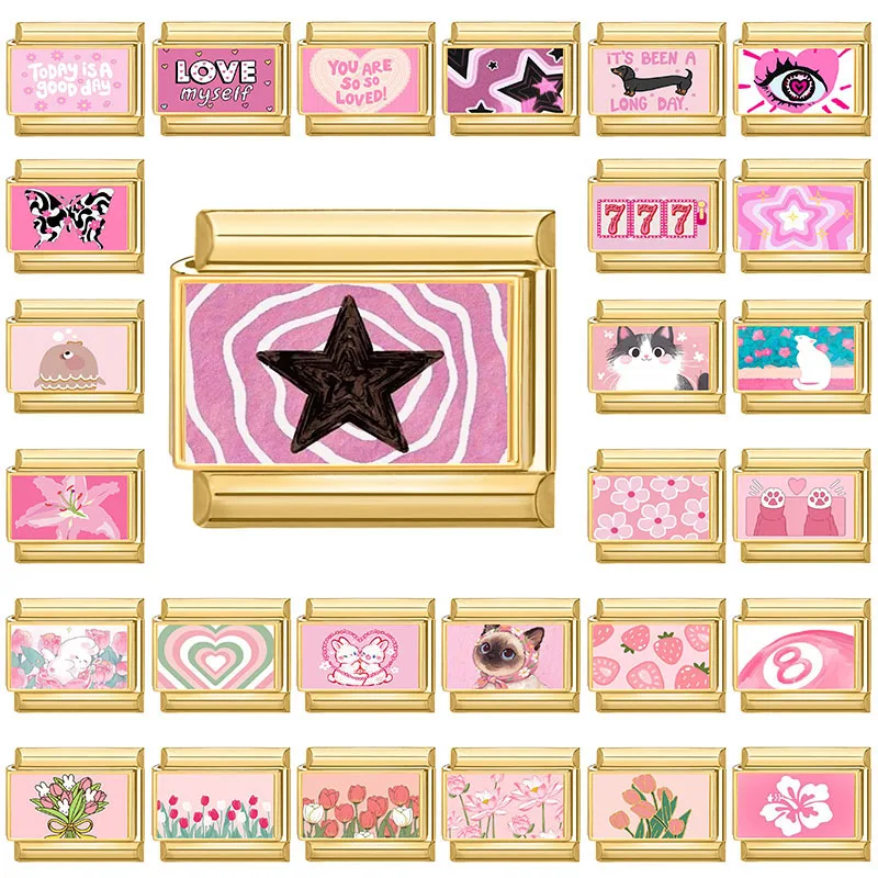 Elos de Charme Italianos em Aço Inoxidável 9mm, Cores Dourada, Rosa, Preto, Estrela, Coração, Gato, Cão, para Pulseira Feminina Y2K, para Criação de Joias DIY e Presentes