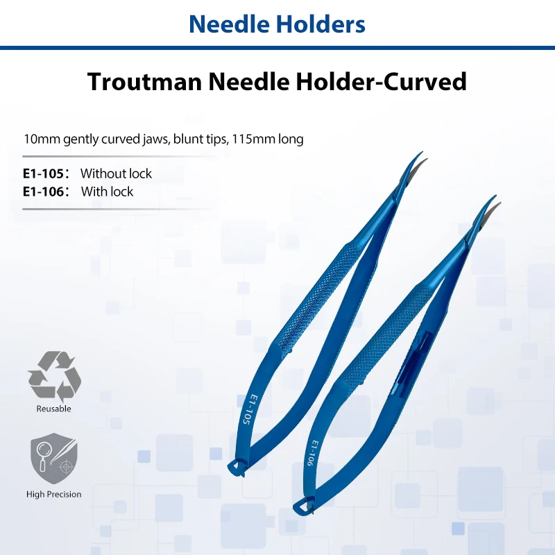 Troutman Needle Holder‑Curved Titanium Alloy, Curved Jaw Micro Needle Holder, Ophthalmic Microsurgery Suture Instrument