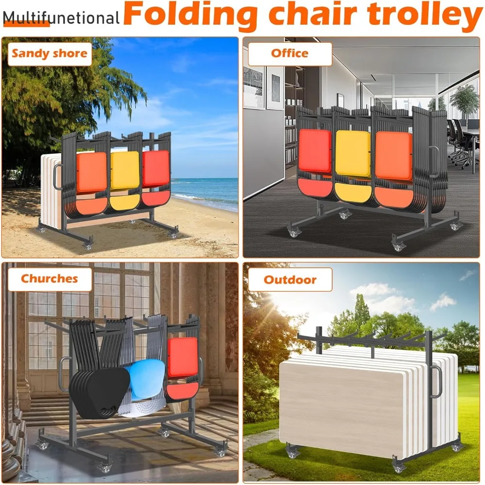 عربة تخزين قوية قابلة للطي لـ 42 كرسيًا أو 12 طاولة، سعة وزن 550 رطل، حامل كرسي معدني قوي #6