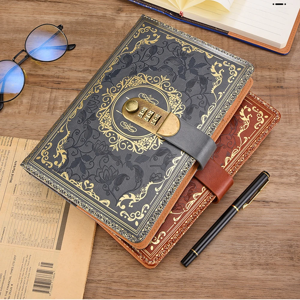 JESJELIU A5 200 Pages Retro Password Book with Lock Diary Thickened Creative Hand Ledger Student Notepad Stationery Notebook