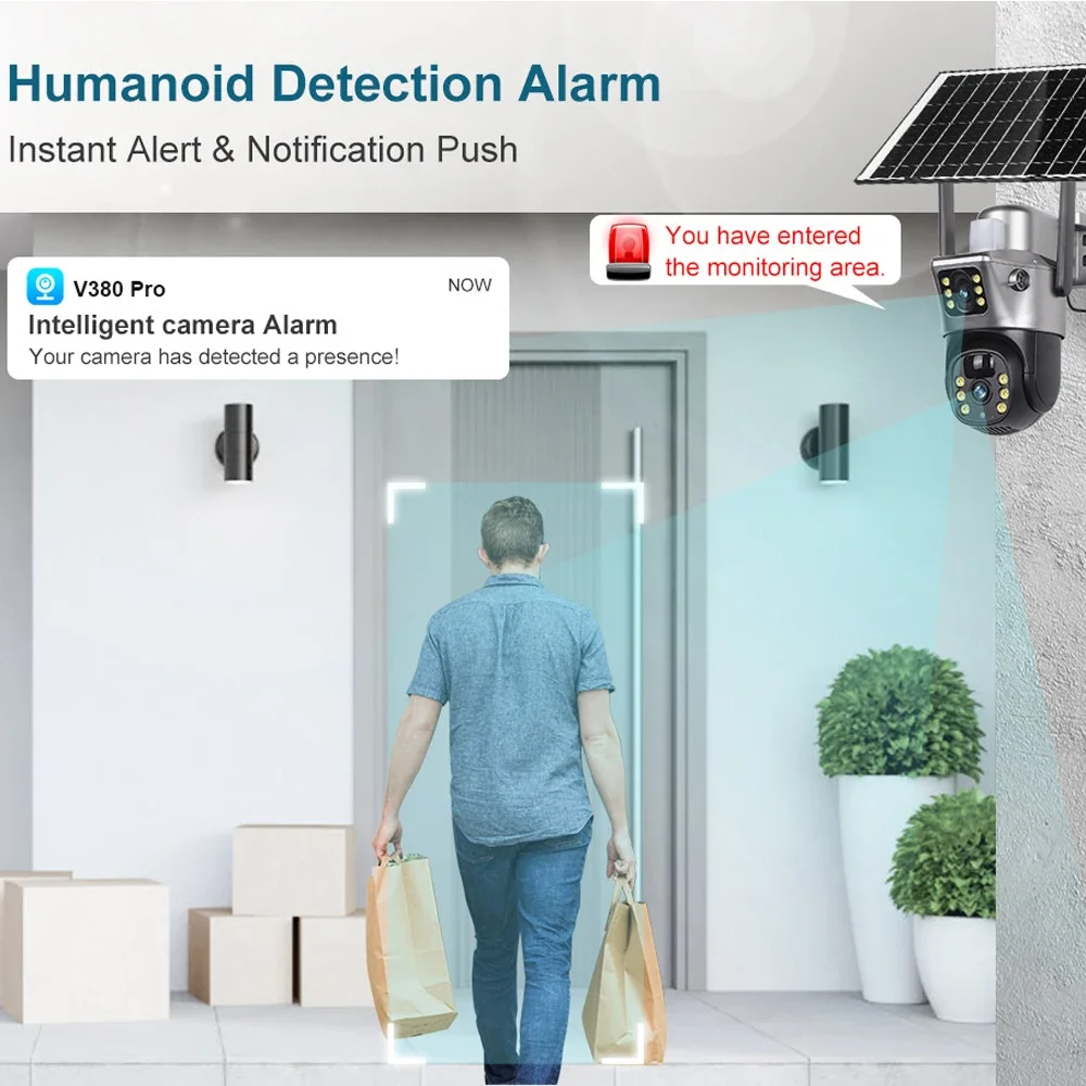 4G Sim Card Solar Camera Dual Lens Outdoor 8MP 4K Low Power Battery IP Camera PIR Night Vision V380 Pro CCTV Security Protection