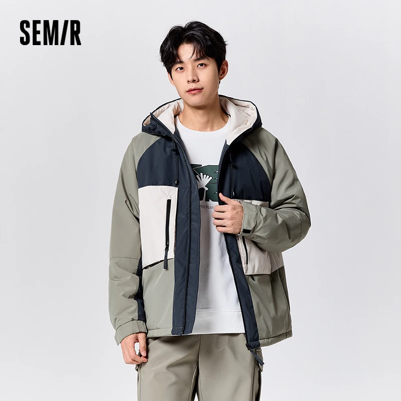 Semir Cotton-Padded Coat Men Winter Contrasting Color Splicing Outdoor Style Coat Slightly Loose Hooded Winter Texture Top