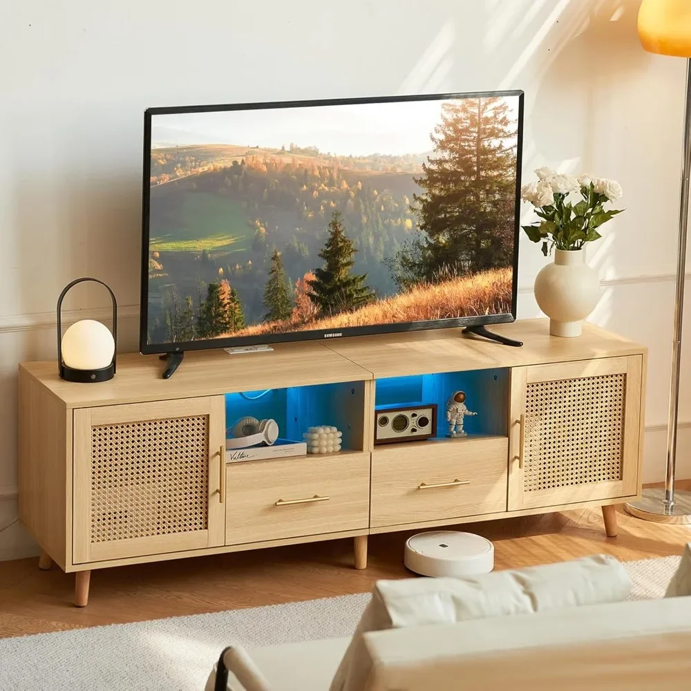 TV Stand for 70 Inch TV-Modern Rattan Media Console with Power Outlet, Entertainment Center with LED Light