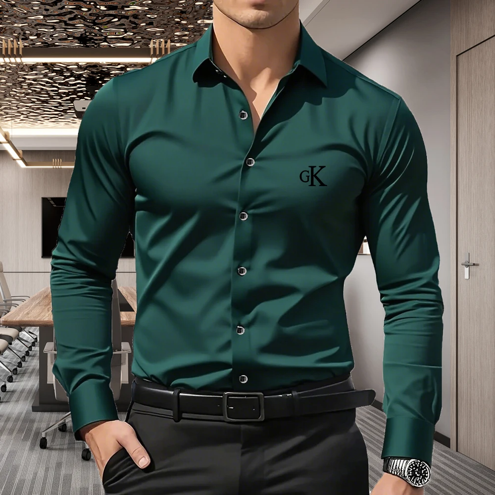 Men's Premium Business Casual Shirt, Word GK Print Slim Fit Long Sleeve Wrinkle Resistant Dress Shirt, 5 Colors Available, S-XXL