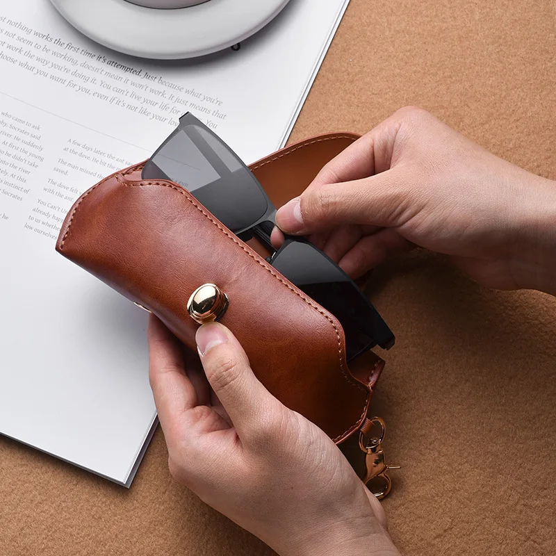European Retro Vegetable Tanned Leather Eyeglass Box Portable Sunglasses Pouch Snap Button Eyewear Protective Case For Travel