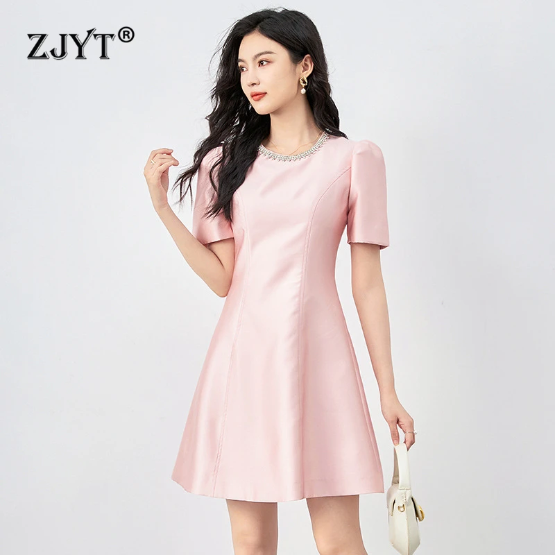 

ZJYT Elegant Diamonds O Neck Brief Solid Pink Dress Women Summer 2024 Designer Short Sleeve Casual Daily Party Dresses Female