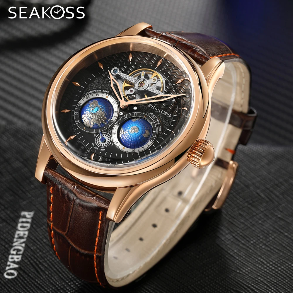 SEAKOSS شمال جنوب نصف الكرة الرجال ساعات أوتوماتيكية الدورية المزدوج الأرض حزام من الجلد الذكور ساعات المعصم الميكانيكية الموضة
