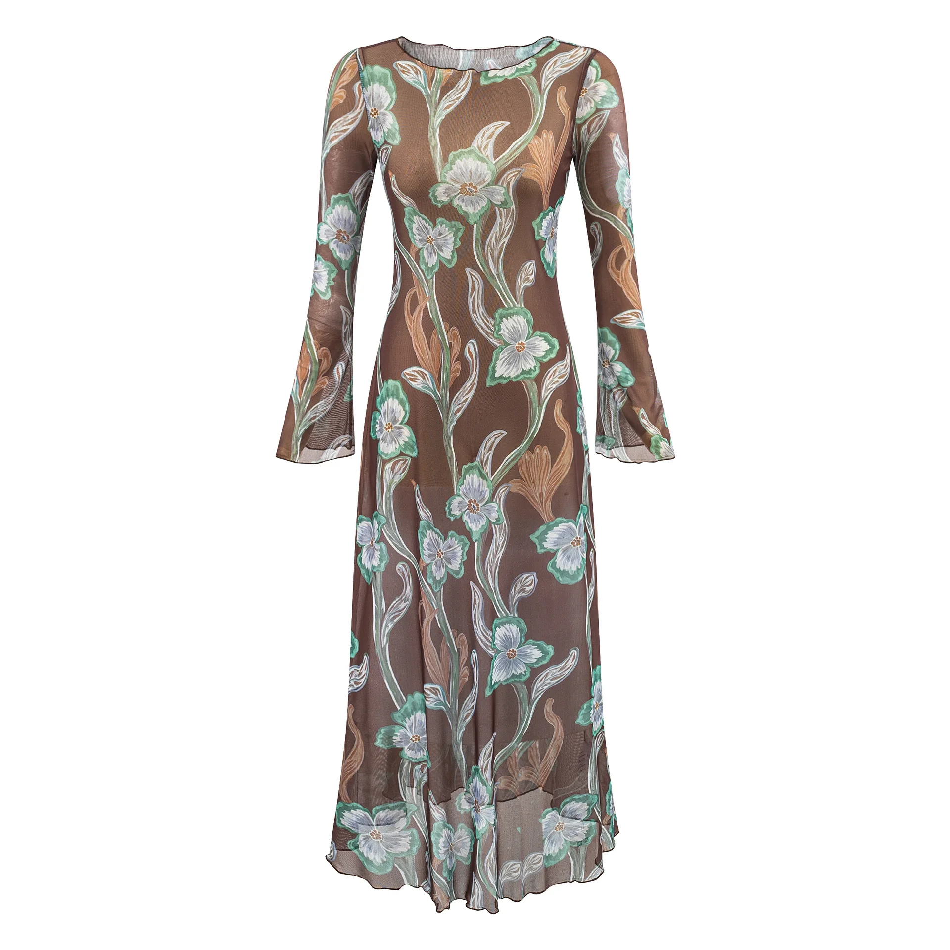 

Новое стильное повседневное платье для отпуска с круглым вырезом, расклешенными длинными рукавами, оборками и цветочным принтом, прозрачное, с цветочным узором, длинное, красивое, 9449