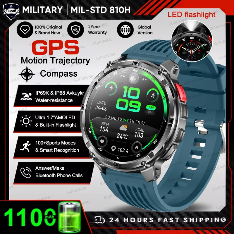 2026 HOT Nieuwe Sport Smartwatch 1100mAh Grote Batterij Duurzaam Kompas 10ATM Waterdicht Tactisch 170+ Sporten BT Oproep Smartwatch Heren