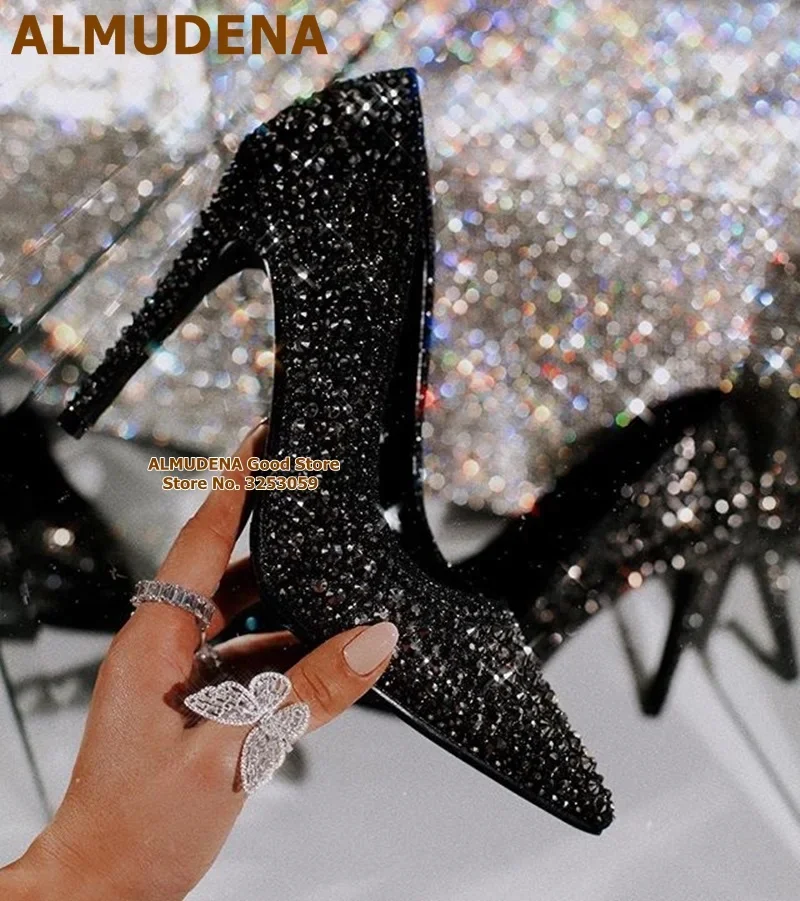 ALMUDENA Bling Bling Fuchsia Black Crystal Wedding Shoes Slip-on Pointed Toe Rhinestone Dress Pumps Shining Evening Heels Women
