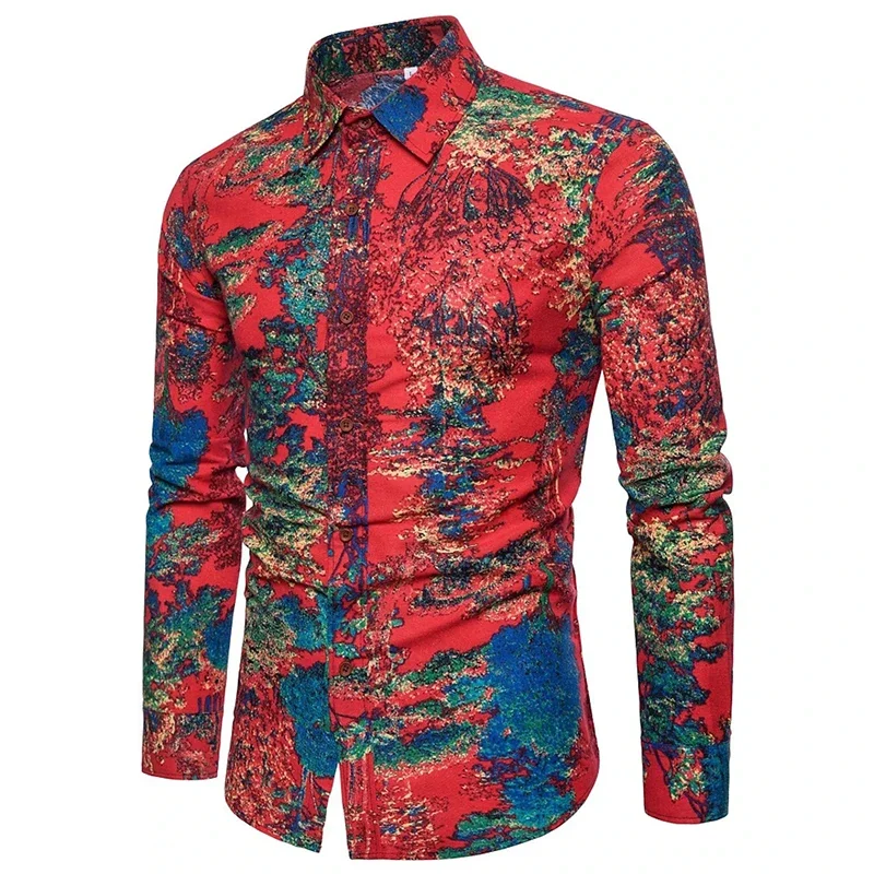 Male Long-sleeved Shirt with 3D Printed Regular Cut Shirt with Buttoned Flaps and Abstract Art Print Fashionable Casual Spring A