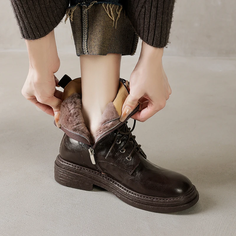 2026 new autumn winter women ankle boots natural leather plus size 22-25cm sheepskin+wool thick heel side zip short boots