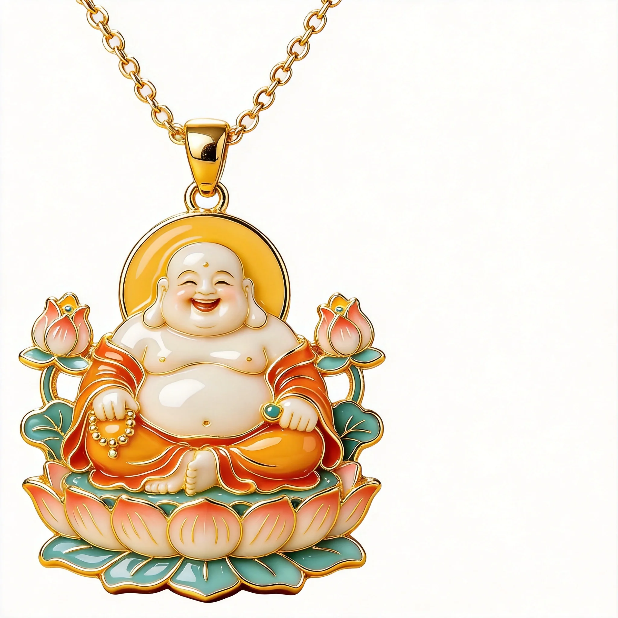 Chinese Lucky Enamel Laughing Buddha Lotus Pendant Gold Plated Necklace Good Luck Blessing Peace Jewelry Gift For Family Friends
