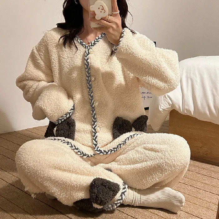 

Female Sweet Cute Bow Pajamas Winter Homewear Thick Solid Color Rice Velour Can Be Worn Outside Soft Warm Loungewear Set