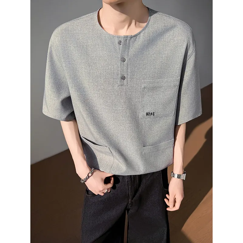 model summer long-sleeved wind-blown ice-silk multi-pocket design round-neck T-shirt shirt