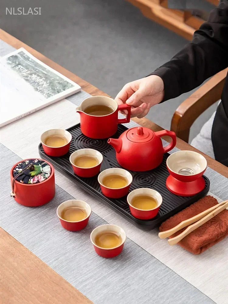 

Red Ceramic Tea Pot and Cup Set Exquisite Chinese Wedding Tea Set Handmade Beauty Filter Teapot Home Custom Tea Ceremony Gifts