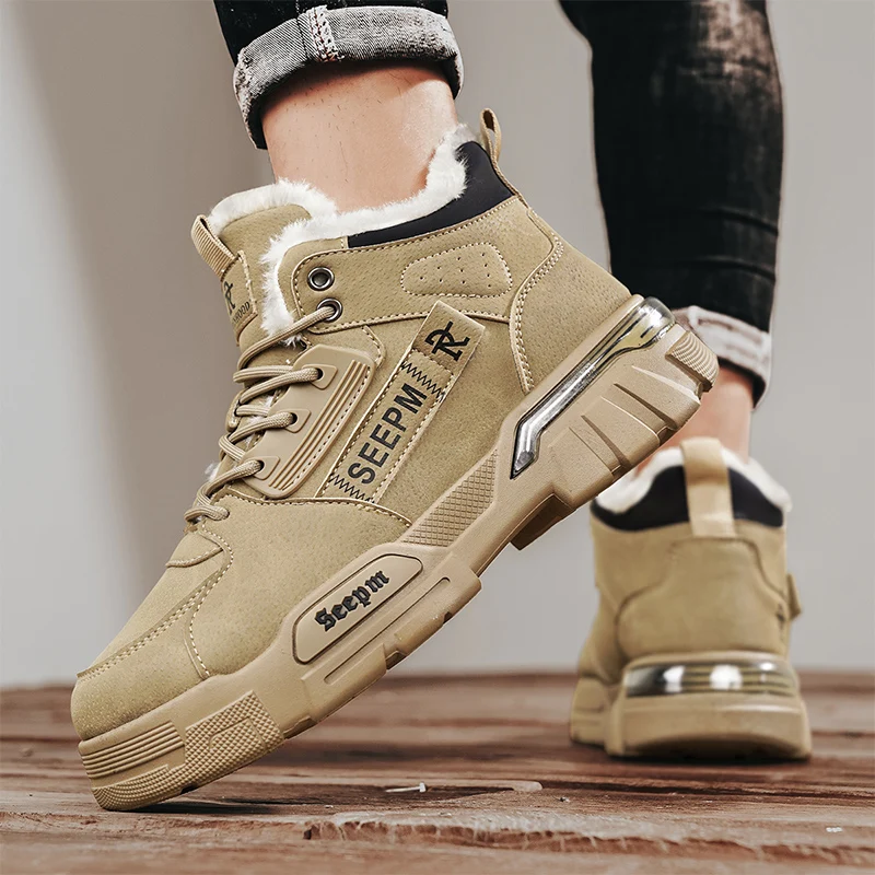 メンズワークブーツ冬の新しい暖かい豪華な滑り止めソフトソールカジュアルブーツファッションユースジョーカーハイトップ快適アウトドアスポーツブーツ